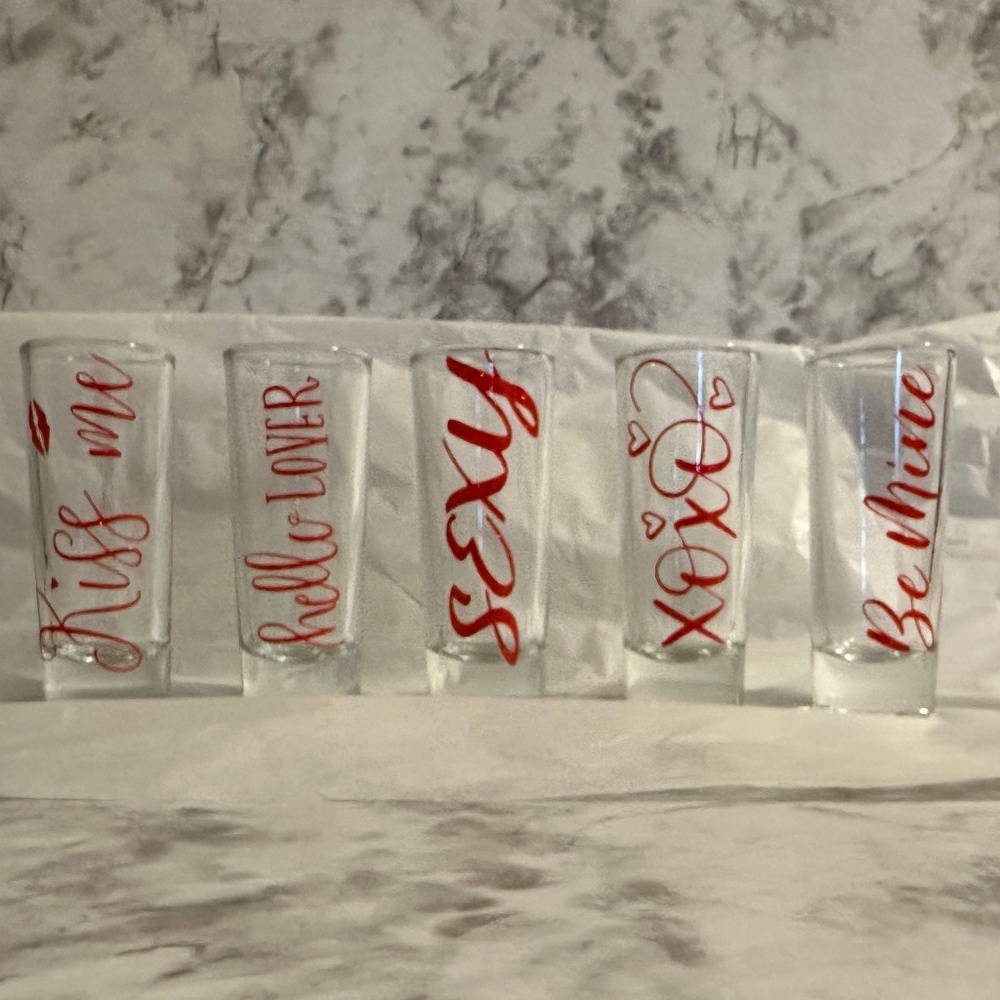 Heavy Base Valentine Shot Glass Set of 5  - 2 oz  (Vinyl Design)